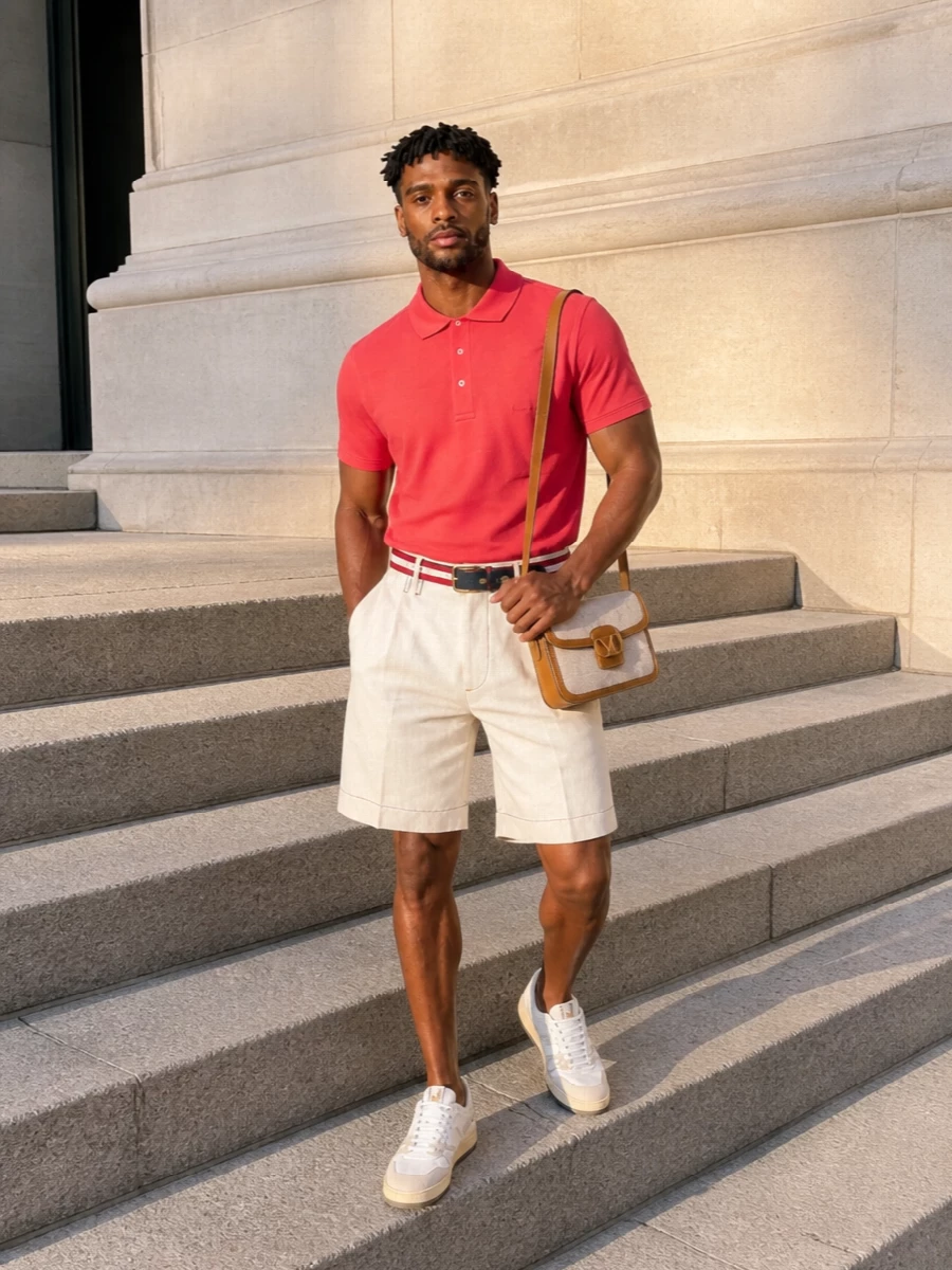 Lanvin’s coral polo pairs with cream tailored shorts for a clean, sunlit take on smart casual that feels easy but considered. Soft white and beige sneakers and a warm beige crossbody keep the palette restrained and modern, while the striped belt threads in a subtle Riviera nod. The result is relaxed summer polish that moves effortlessly from brunch to late afternoon drinks.