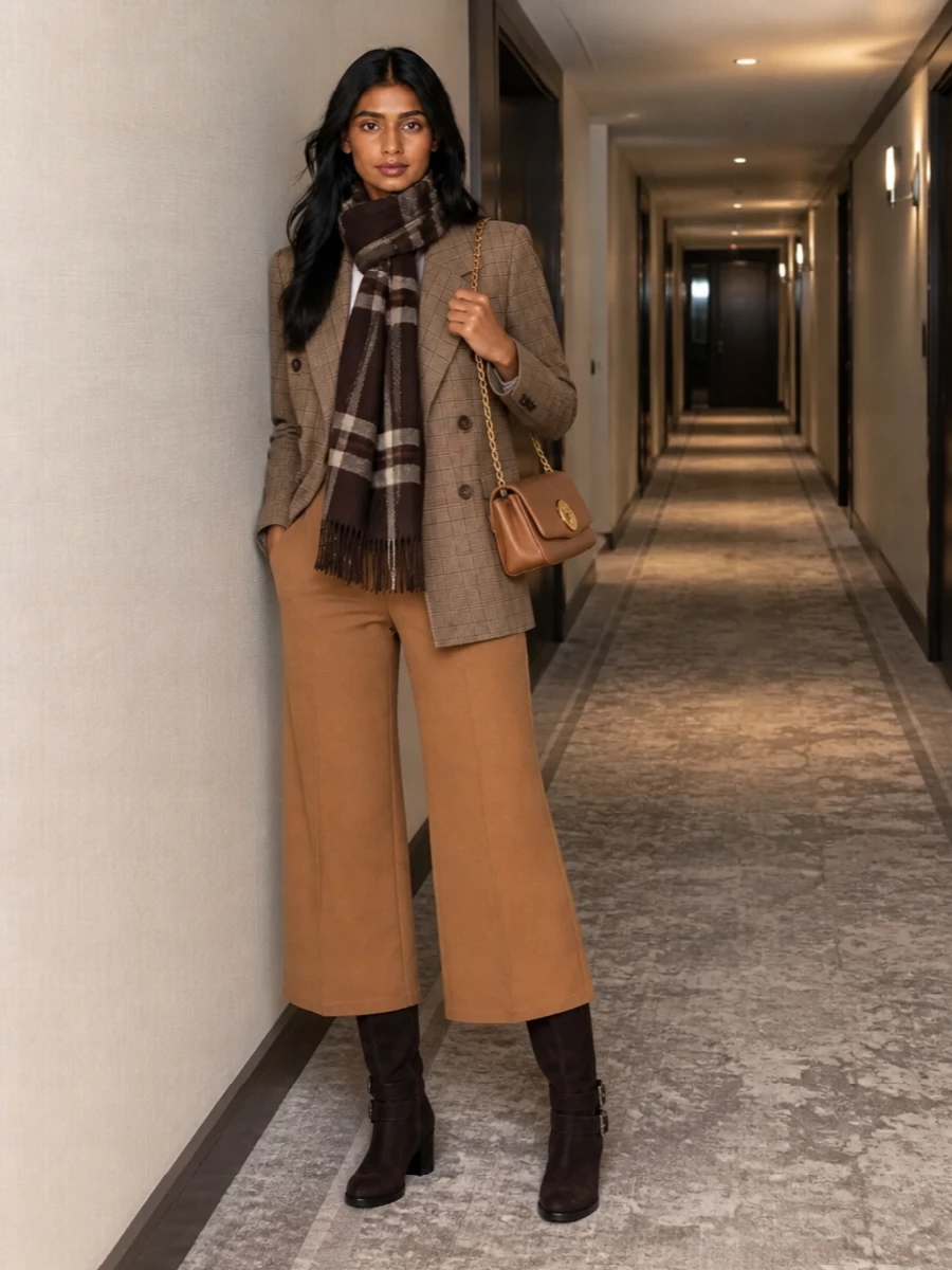 Chloe checked blazer camel wide leg trousers