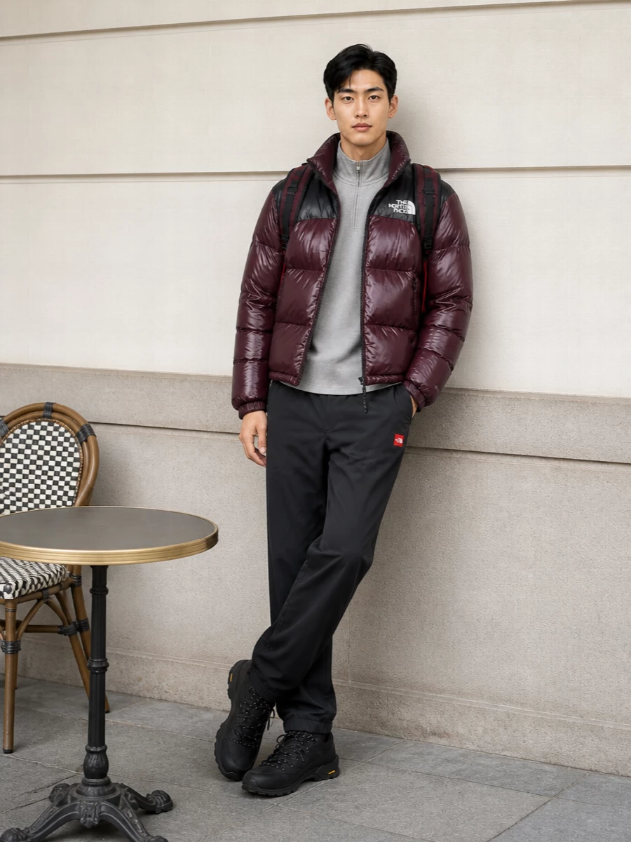 North face burgundy puffer trail sneaker outfit
