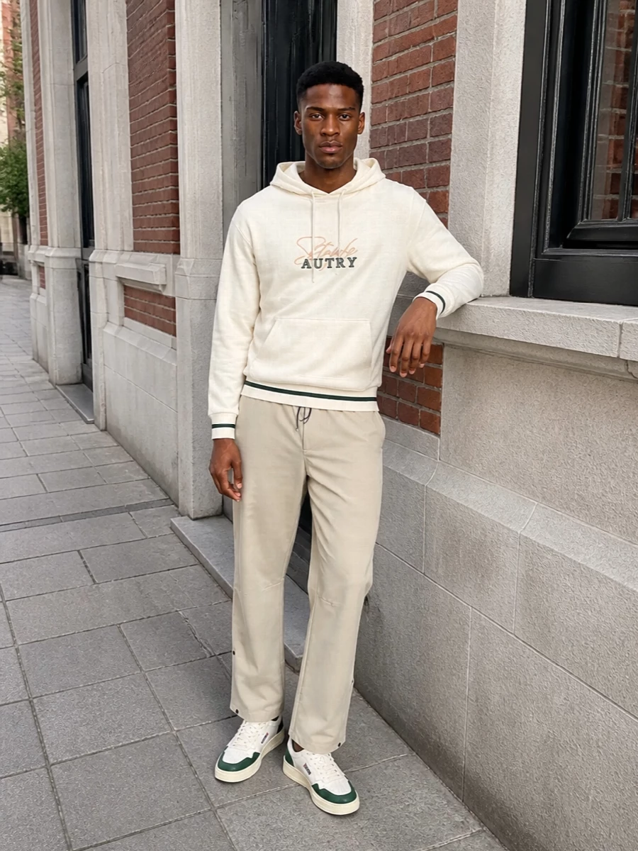 Autry hoodie beige track pants retro sneakers