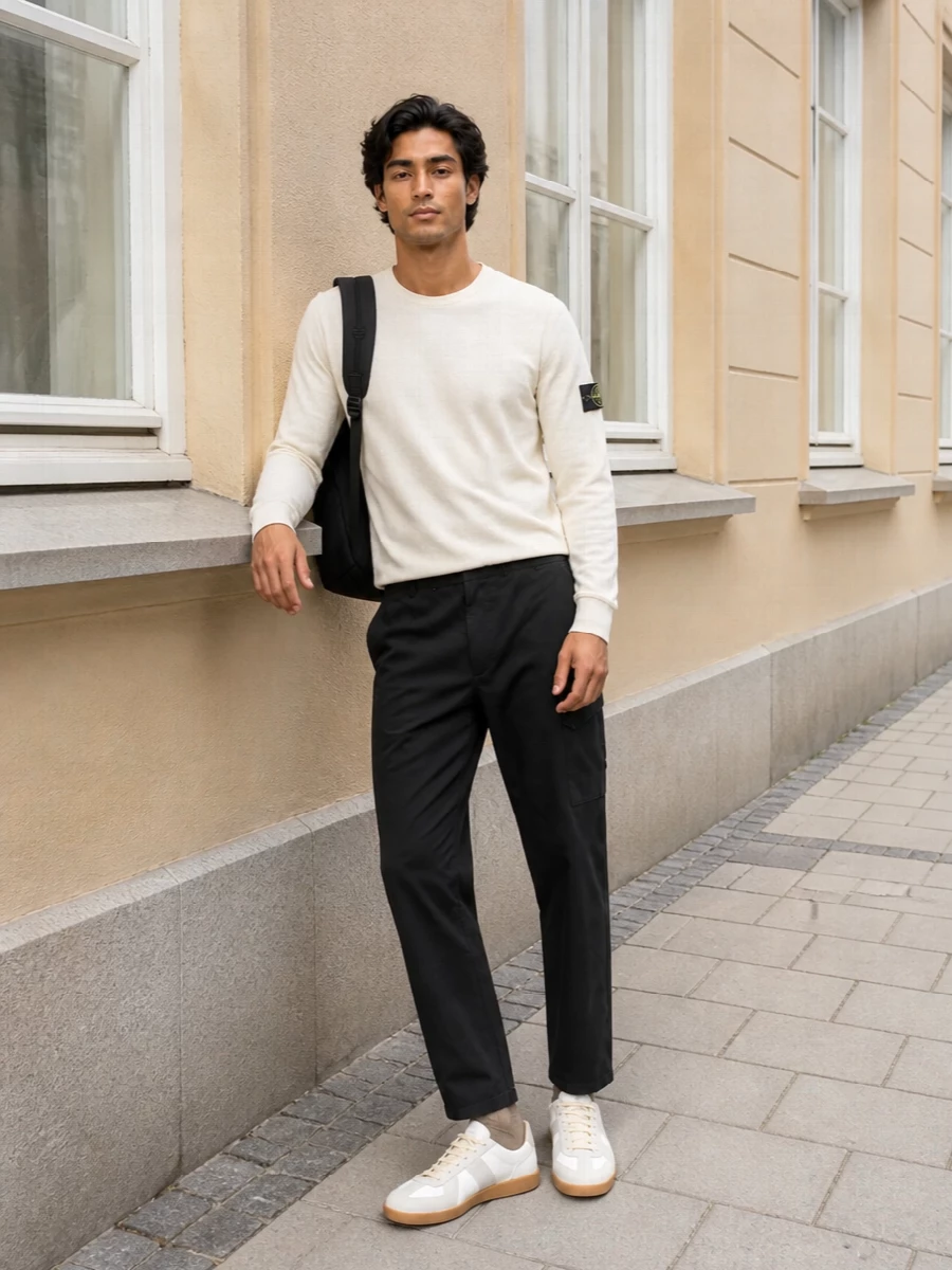 Stone island cream sweatshirt charcoal pants outfit