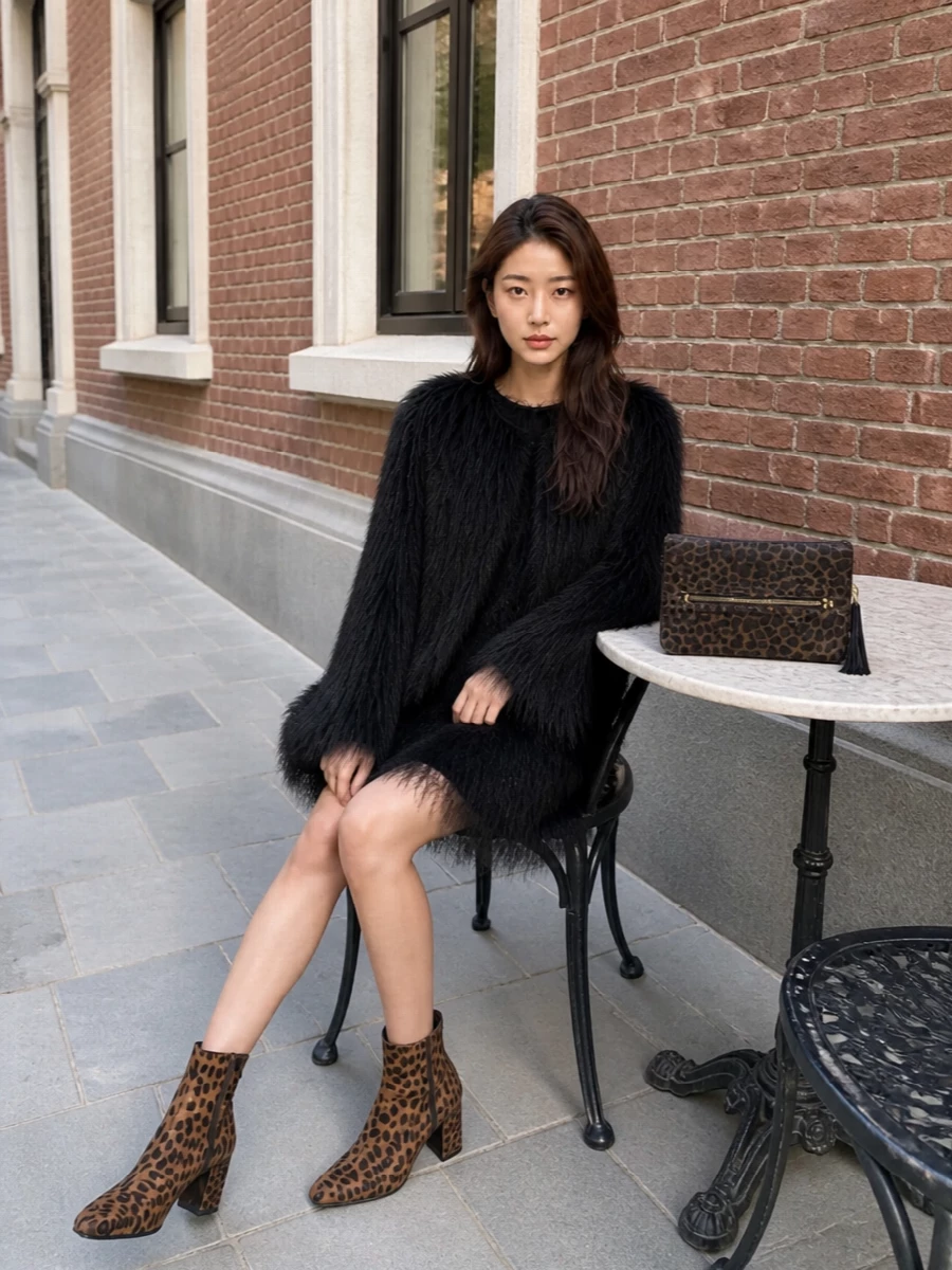 Loulou studio black feather dress leopard boots