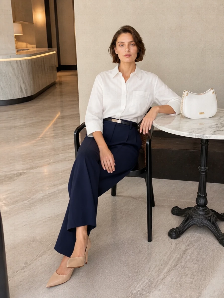 Michael kors white shirt navy wide leg trousers