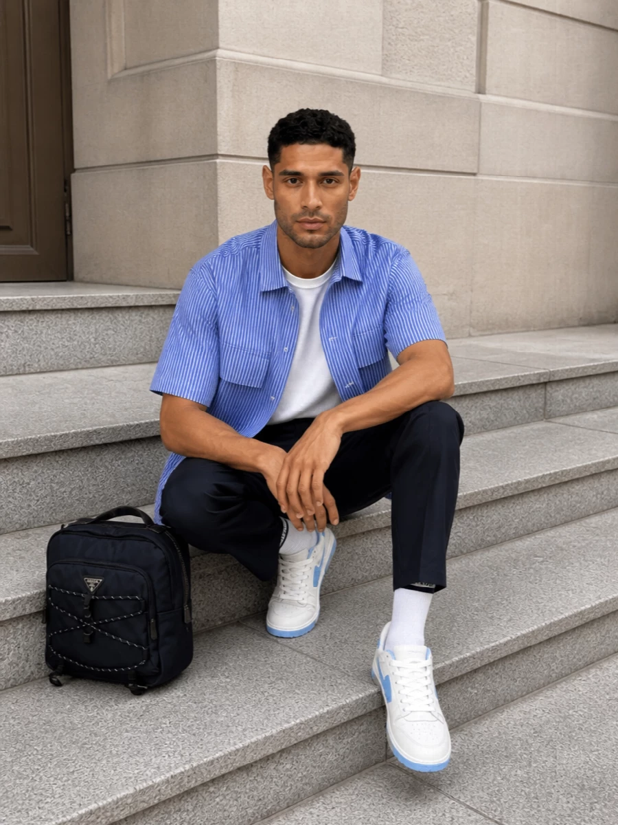 Sacai striped shirt navy trousers off white sneakers