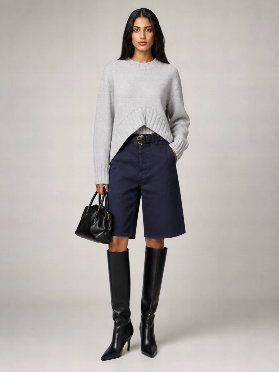 The Attico Denim Crystal Embellished Wide-Leg Cropped Knee-Length Shorts
