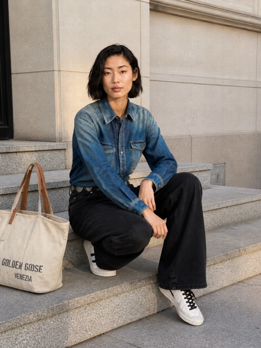 Golden goose denim shirt cargo jeans sneakers