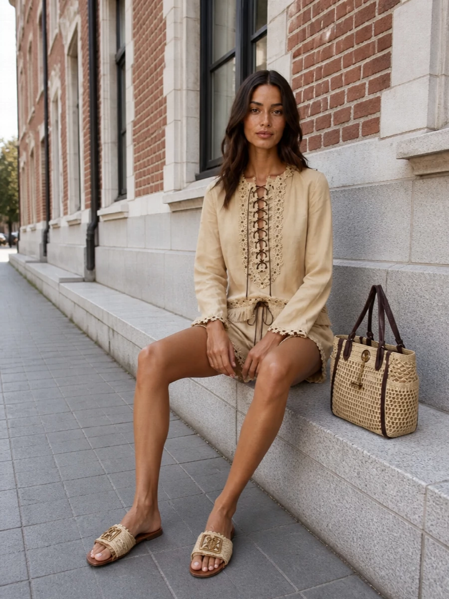 Zimmermann romantic blouse shorts raffia bag