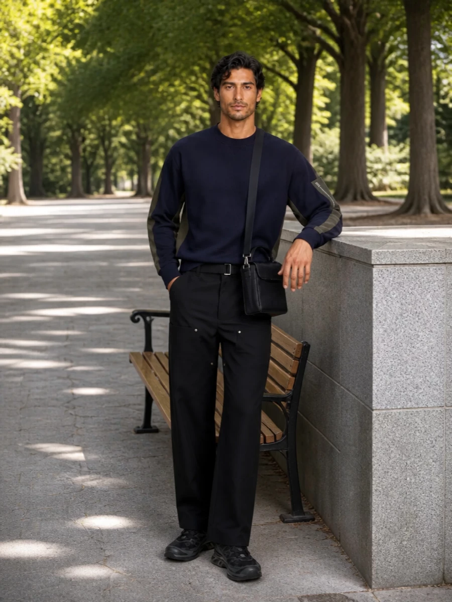 Sacai navy bomber black trousers outfit