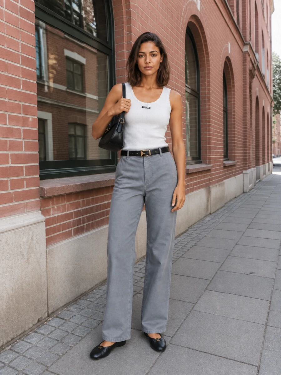 An intelligent mix of cool grey tailoring and a lace-trimmed white camisole creates a slim, quietly sensual line that still reads relaxed. Black ballet flats, a crescent shoulder bag and a precise slim belt keep the palette tight and the mood soft, ideal for understated days that stretch into dinner. The result is polished without sharp edges, all about proportion, texture and quiet branding.