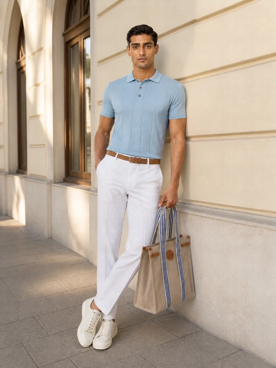 Pale sky blue meets crisp white for a quietly polished summer uniform, with the knit polo sitting cleanly over tailored Kiton trousers. Cream sneakers keep the line relaxed but refined, while a sand and navy tote and camel suede belt introduce just enough warmth for a coastal-in-the-city finish. It is an easy, confident way to dress up casual days without tipping into formality.