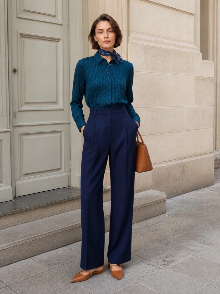 Michael kors teal shirt navy wide leg trousers
