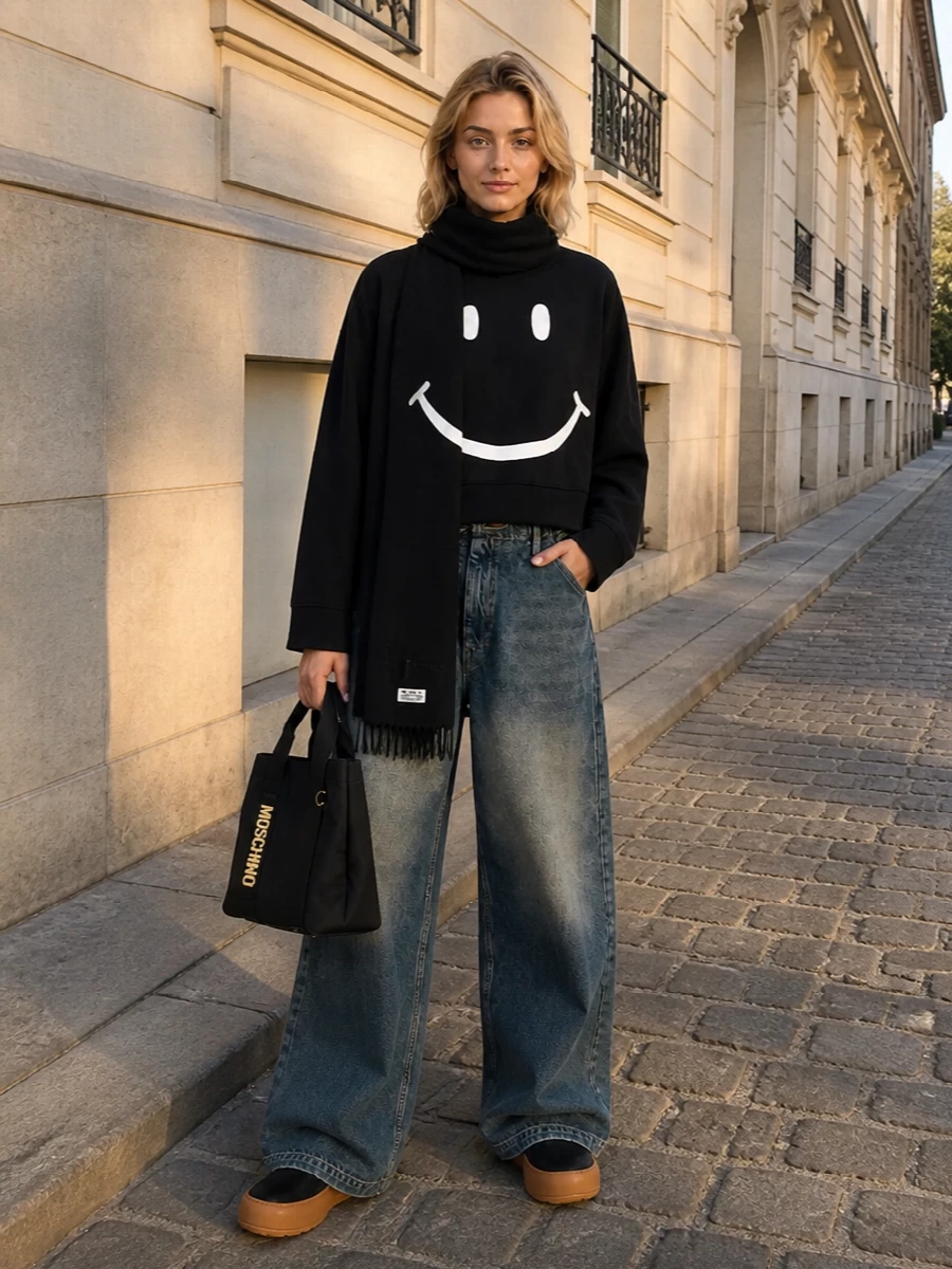 Moschino wide leg jeans cropped sweatshirt street style