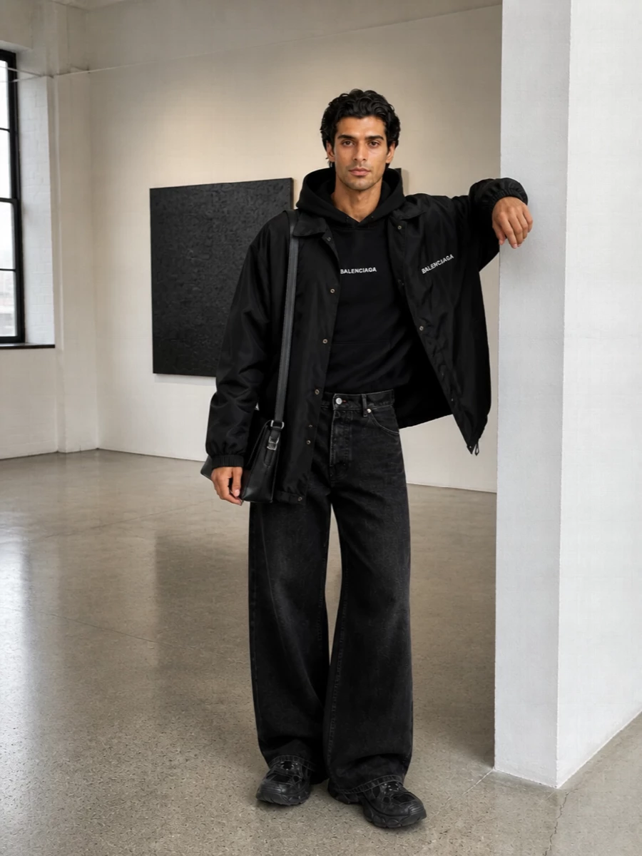 Balenciaga coach jacket wide leg jeans outfit
