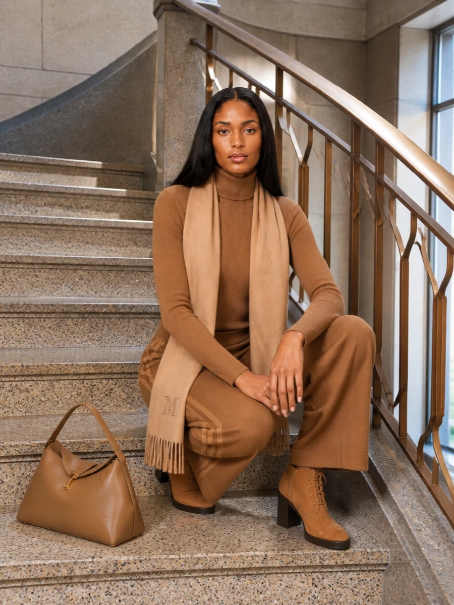 Max mara camel wide leg trousers turtleneck outfit
