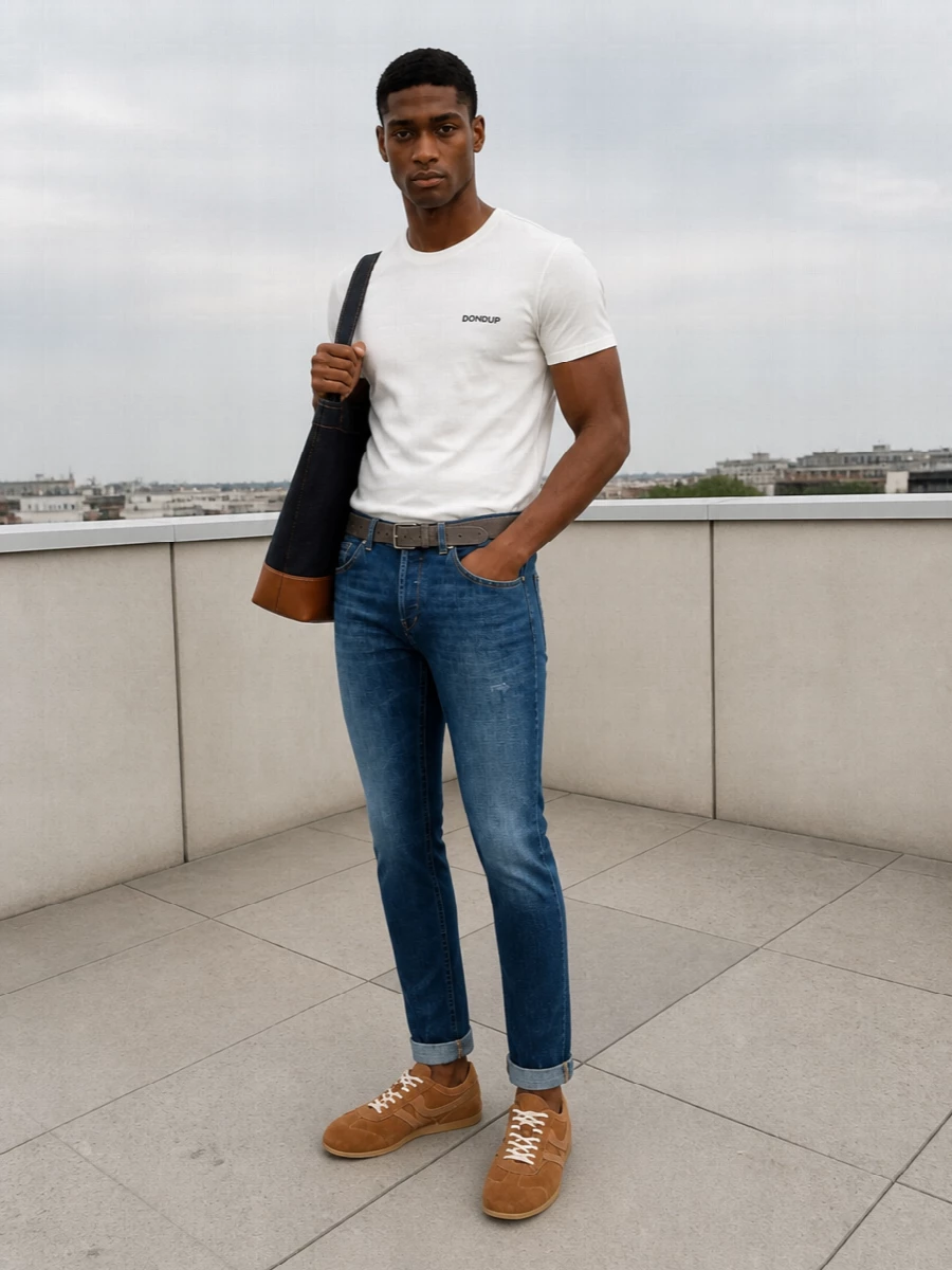 Mid-blue slim denim with an off-white tee sets up a clean, easy base that feels relaxed but still considered. Tan suede sneakers and a taupe belt warm the palette and add texture, while the indigo-and-tan tote keeps everything practical and polished for city days. The result is a quietly confident, modern streetwear outfit that reads sharp without trying too hard.
