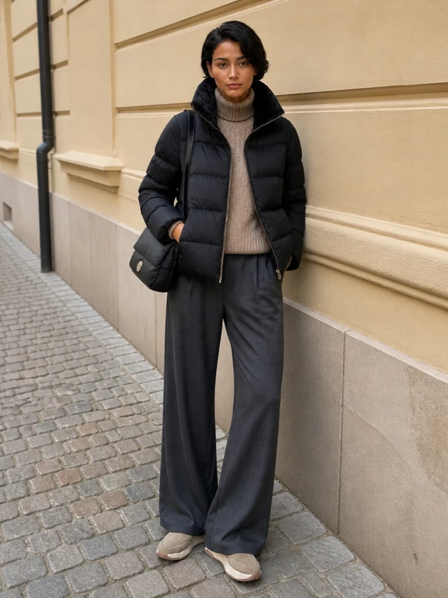 Herno puffer wide leg trousers knit boots