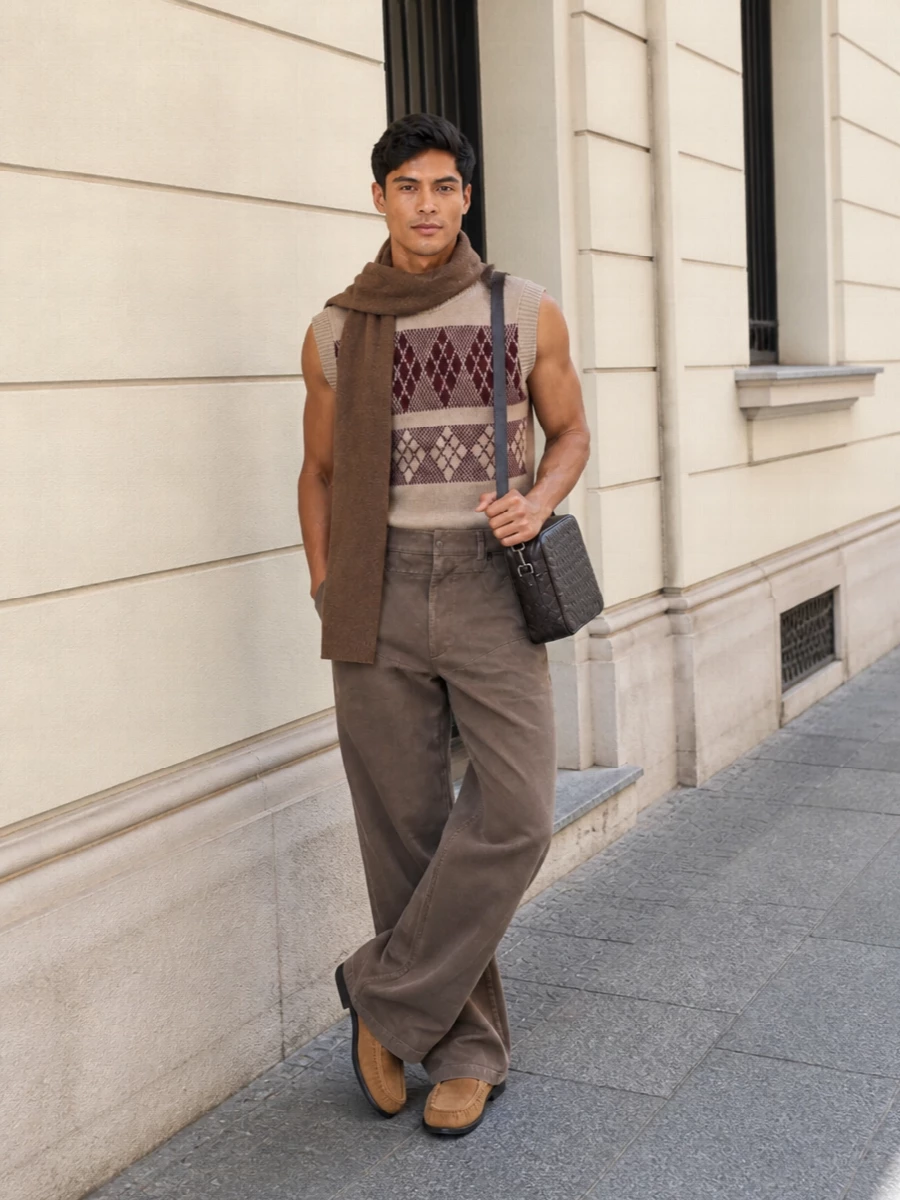 Dries argyle vest taupe trousers outfit