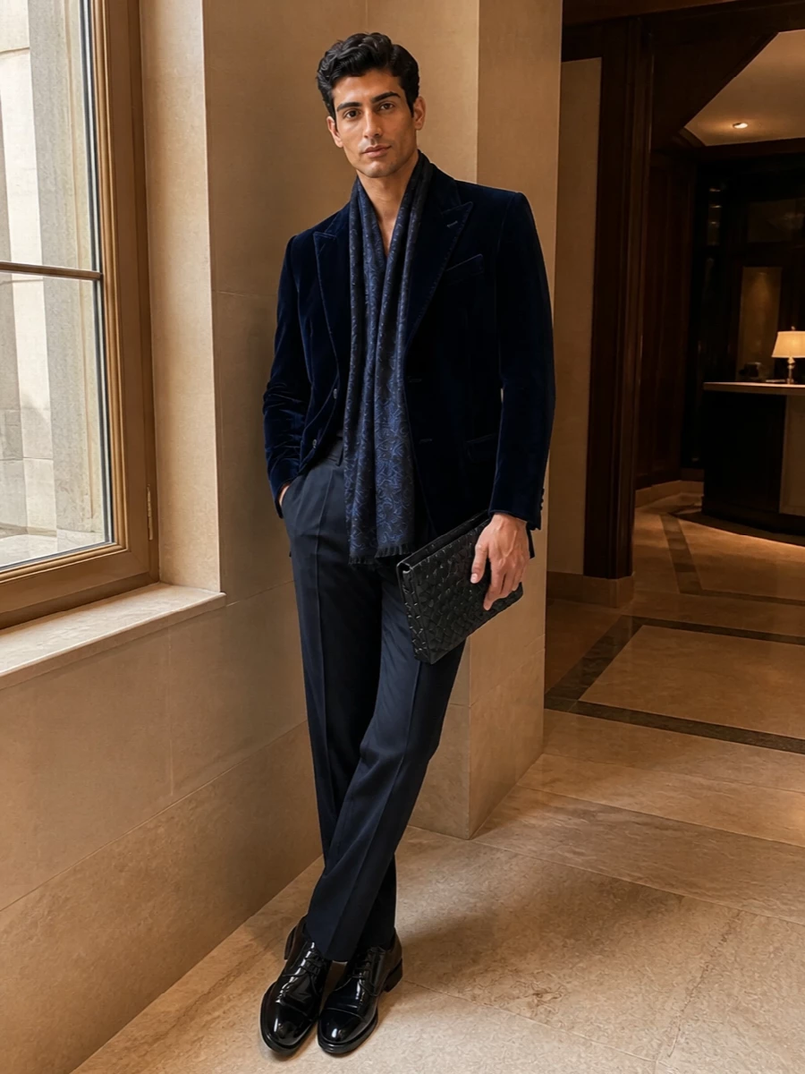 Etro velvet blazer navy trousers black derby