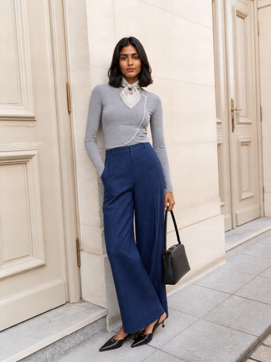 Emporio armani striped top wide leg trousers outfit