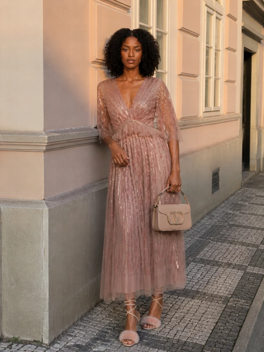 Alberta ferretti sequin gown rene caovilla heels