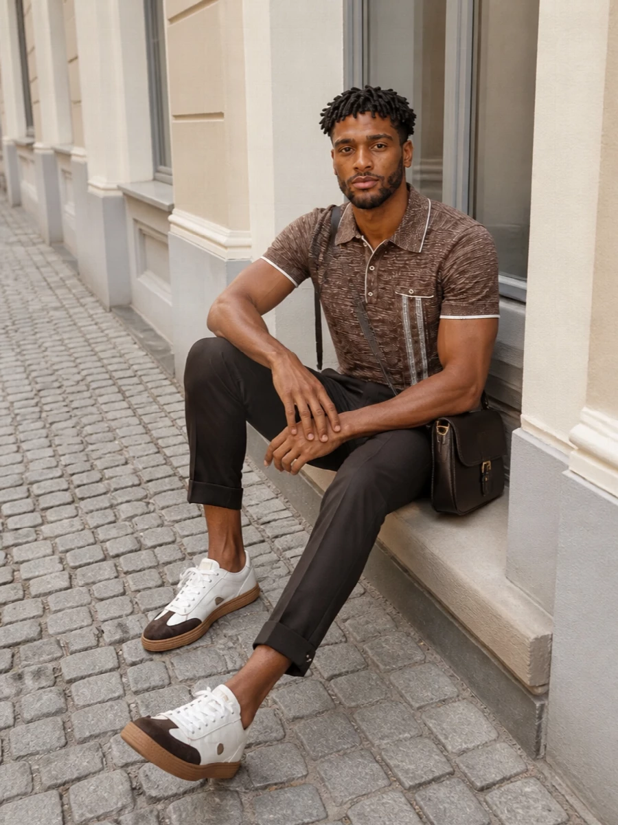 Versace brown knit polo chocolate trousers outfit