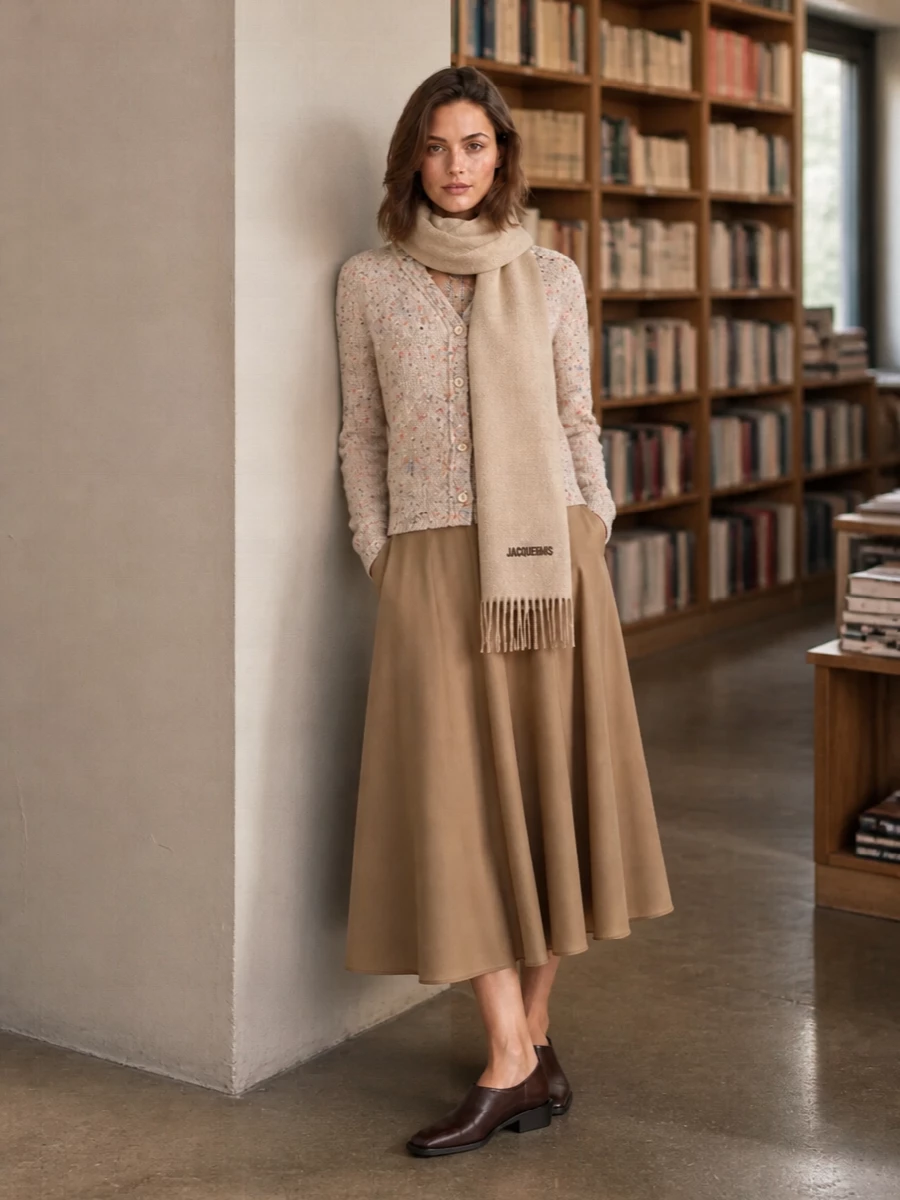 An oatmeal tweed cardigan meets a fluid camel midi for a soft, preppy mix of texture and movement in warm neutrals. Chocolate leather accessories sharpen the palette just enough, keeping the mood relaxed yet considered for daytime. The proportions stay easy and leg-lengthening, ideal for gentle layering with a slim tee or fine knit underneath.