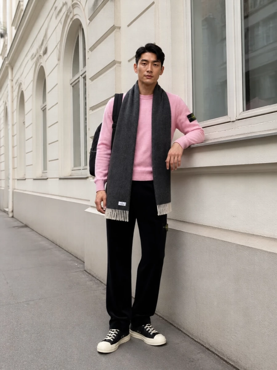 Stone island pink sweater black corduroy rick owens