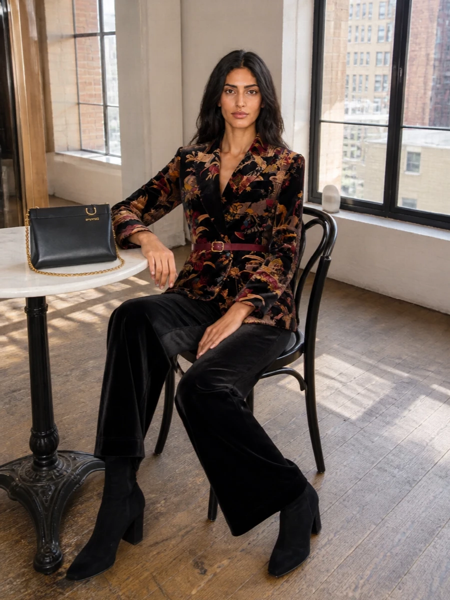 Etro velvet blazer black wide leg trousers outfit
