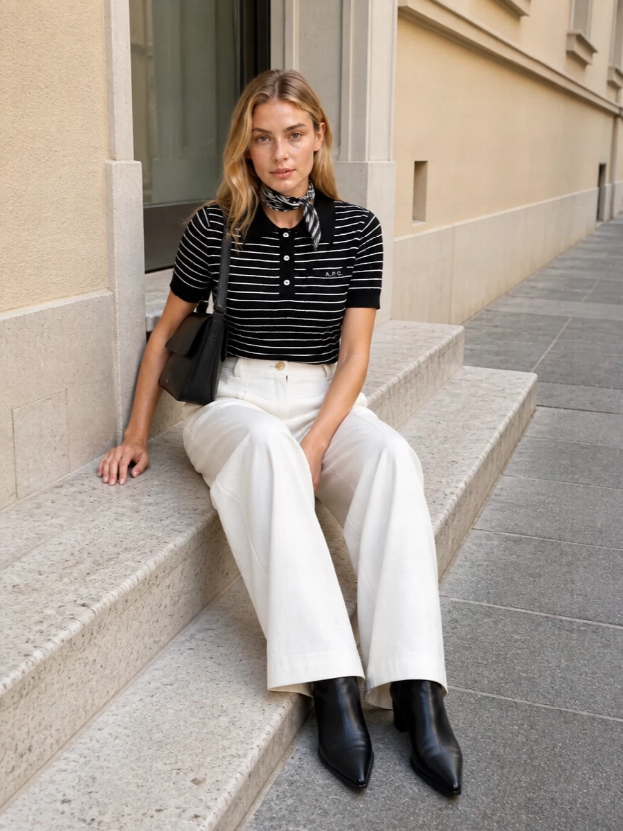 Apc striped polo wide leg trousers outfit