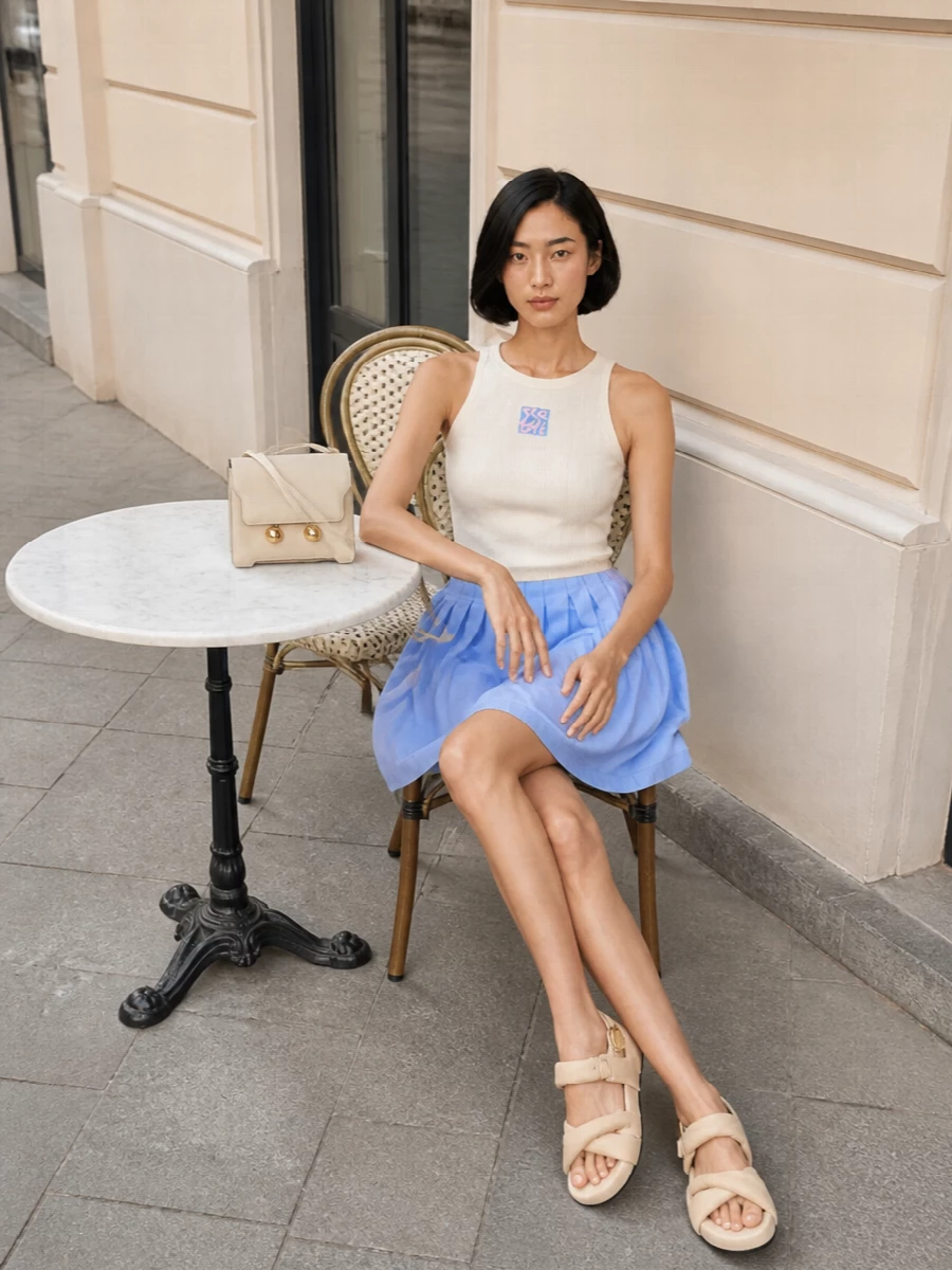 Marni pastel tank blue pleated skirt outfit