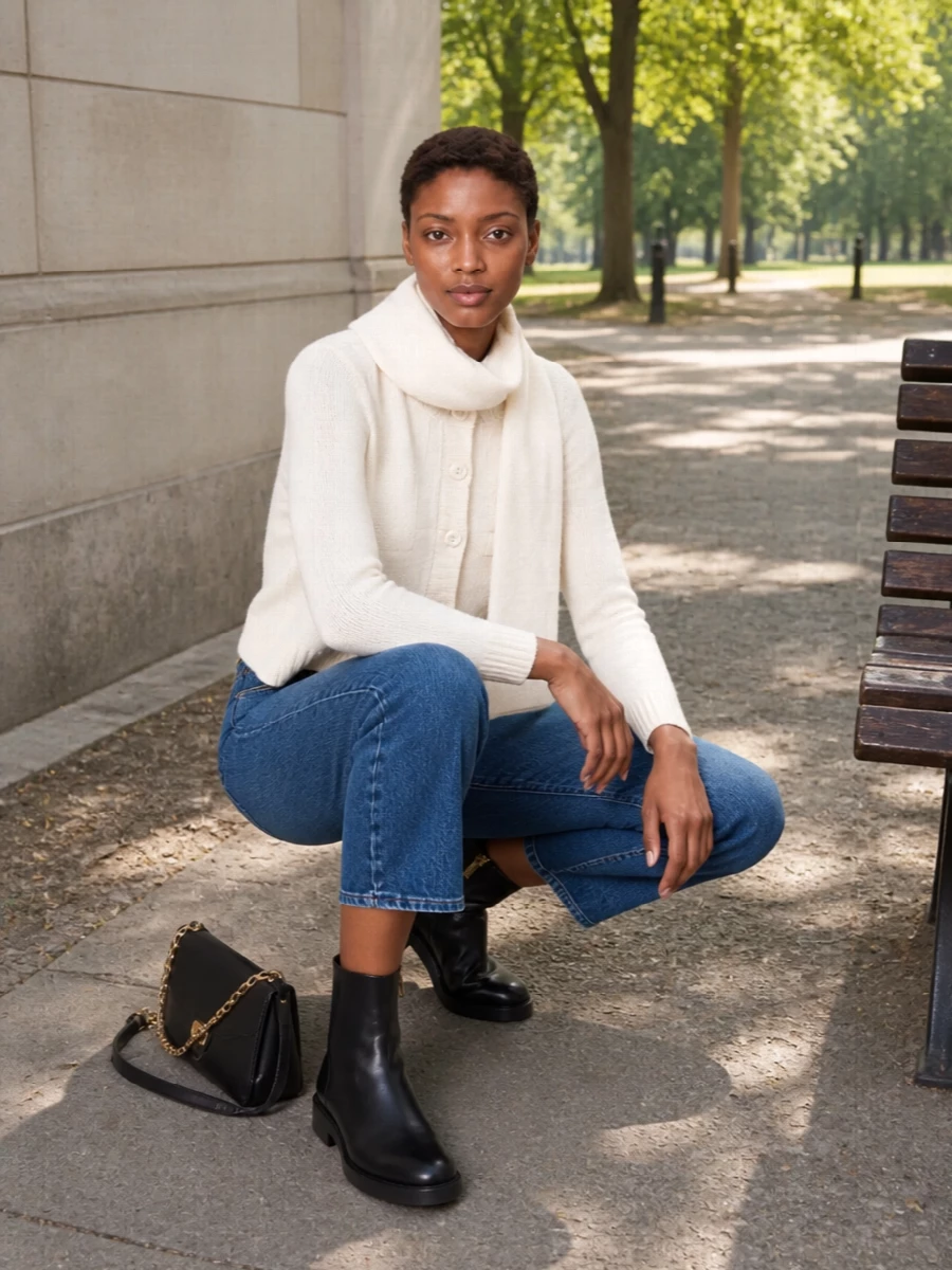 A soft cream cardigan meets cropped indigo denim for a minimal, preppy take on off-duty dressing that still feels considered. Black leather ankle boots and a slim chain-strap shoulder bag ground the palette, keeping the lines clean and city-focused. An ivory scarf finishes the story with quiet texture and warmth around the face.