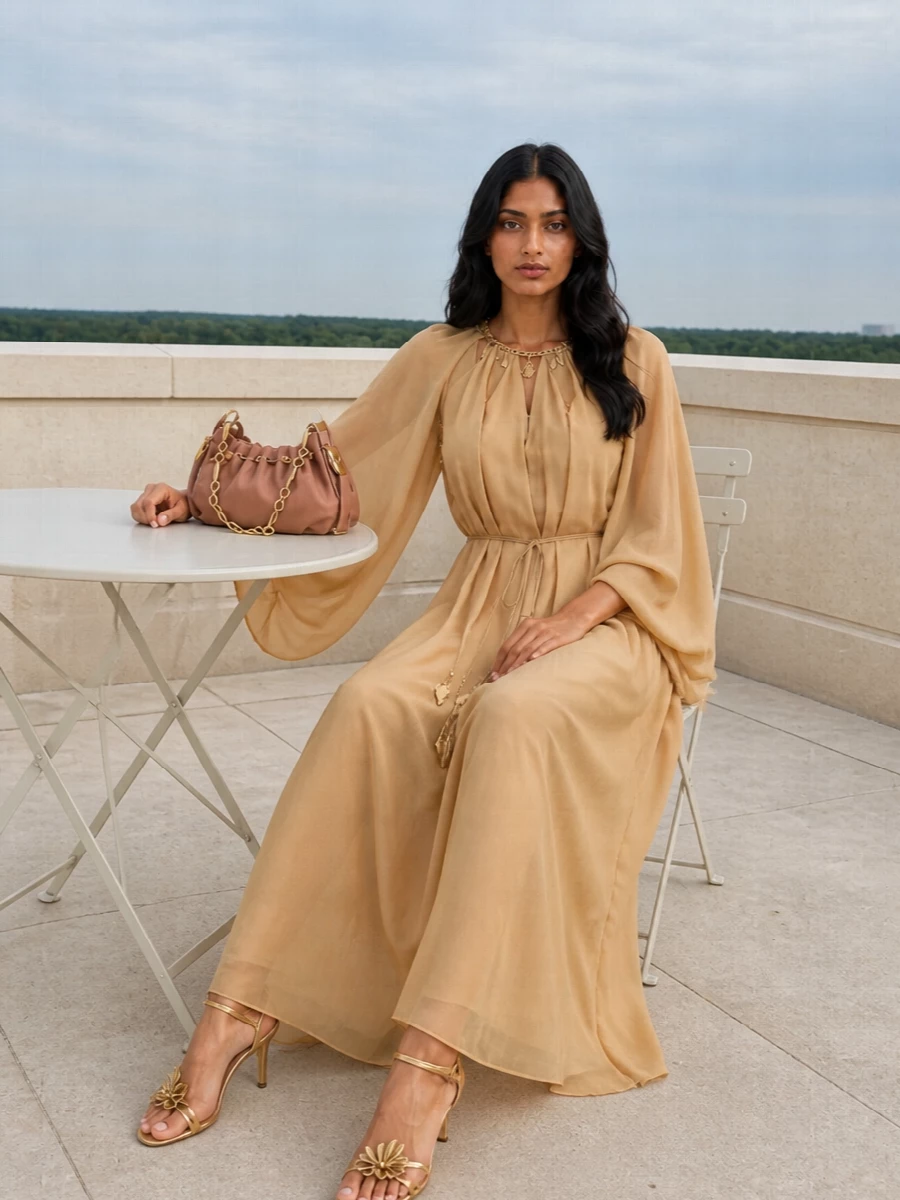 Zimmermann camel maxi dress gold sandals
