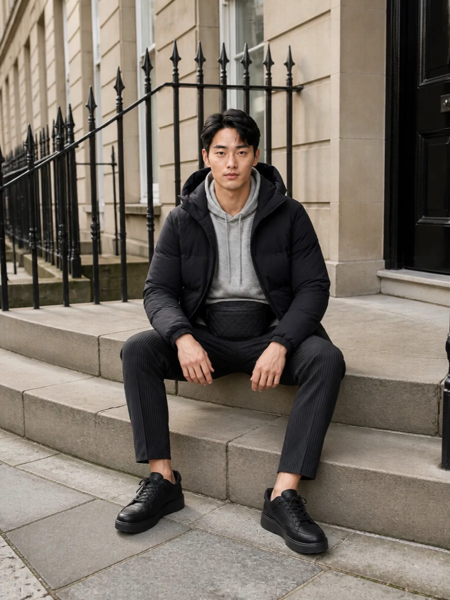 A deep-black Herno puffer sits over a soft heather-grey hoodie and finely pleated charcoal trousers, creating a calm, city-ready winter uniform. Padded black sneakers and a quilted belt bag keep the line clean and technical, with just enough texture to signal quiet confidence rather than hype.