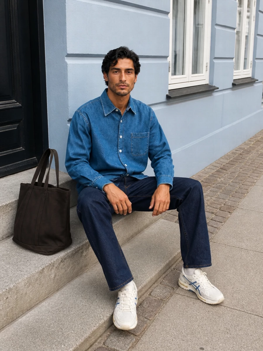 Dark indigo denim is paired with a washed blue shirt for a modern, low-key take on double denim that feels practical rather than loud. Technical off-white runners keep the mood casual and mobile, while the structured canvas tote adds a work-ready, utility note that still sits comfortably in a luxury context.