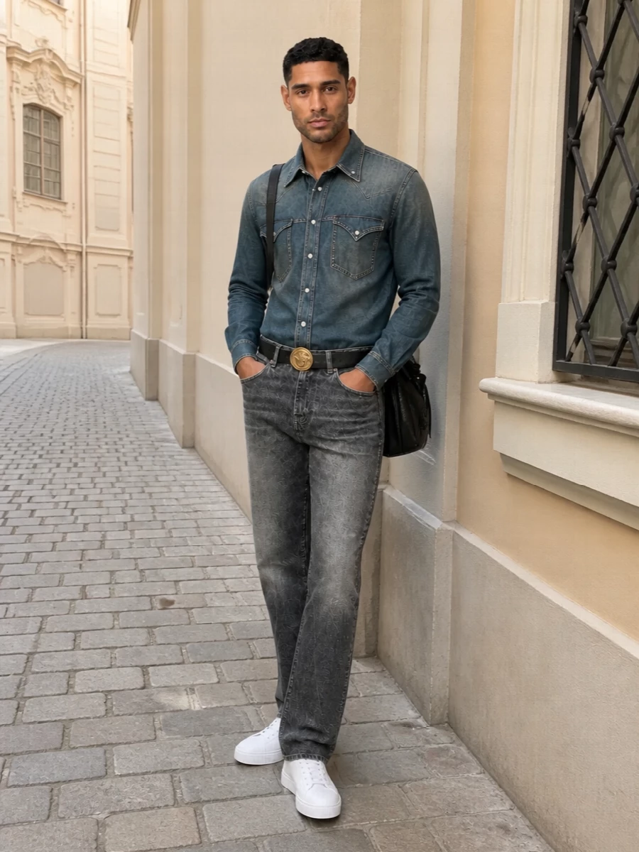 Versace denim shirt grey jeans white sneakers