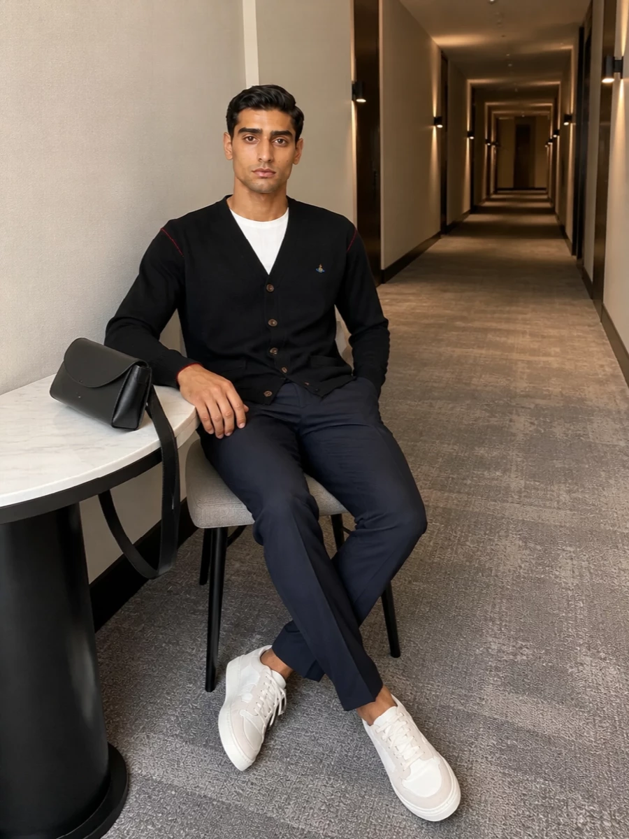 Vivienne Westwood’s black cardigan sits over Marni’s deep navy trouser for a smart, quietly characterful base in closely related dark tones. Off-white Eleventy court sneakers soften the tailoring and keep it modern, while the sleek Jil Sander shoulder bag adds a precise, minimal line. It is an easy city uniform that reads polished without ever feeling stiff.