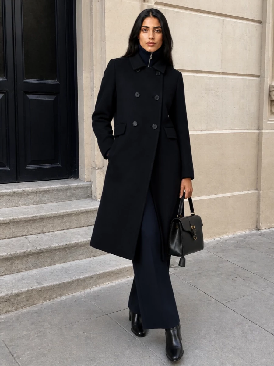 Prada officer coat wide leg trousers outfit