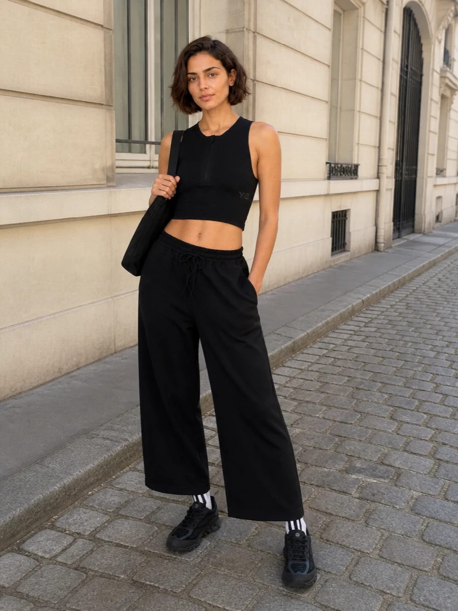 Y3 black crop top wide leg track pants outfit