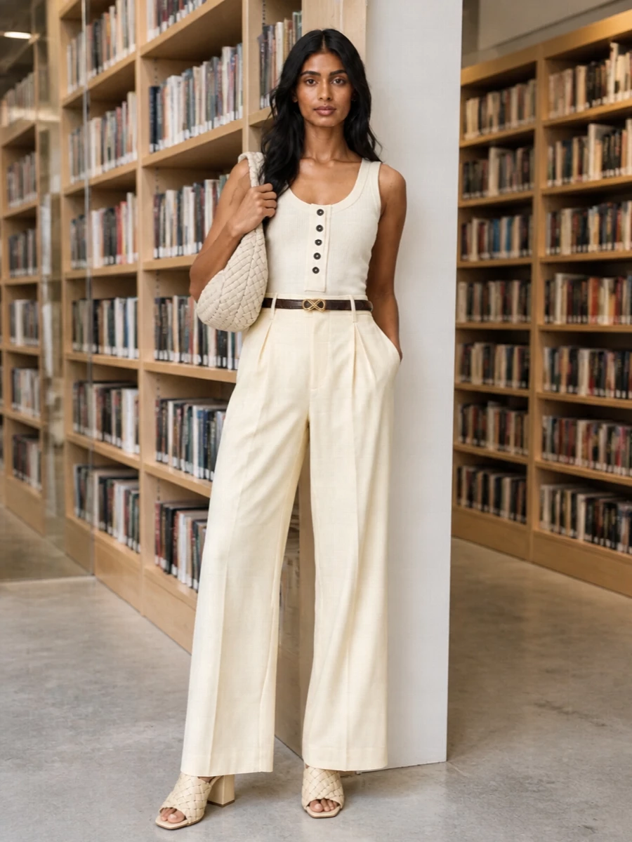 Bottega veneta cream wide leg trousers outfit