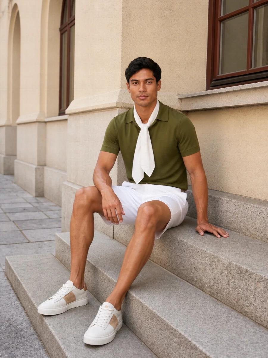 Olive and white keep this pairing sharp and calm, letting the knit polo feel considered rather than casual. The tailored chino short and clean leather sneaker hold a smart line, while the structured tote and pale scarf bring a discreet, design‑led note that still works for daytime in the city or by the coast.