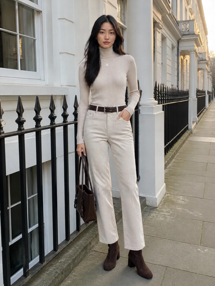 Soft neutral tailoring meets modern ease here, with light‑beige corduroy trousers paired to a slim ribbed turtleneck in nearly the same tone. Deep chocolate accessories ground the palette, giving just enough contrast to keep the silhouette sharp yet relaxed for day‑to‑dinner city wear.