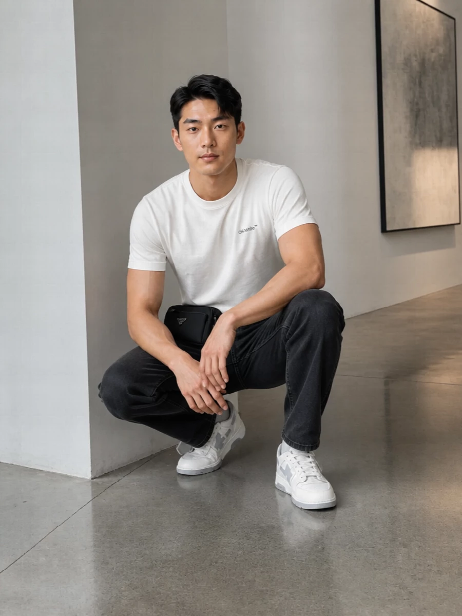 An off-white Off-White tee sits against washed black denim for a monochrome street uniform that feels sharp but not forced. Pale grey and off-white court sneakers keep the palette soft, while a sleek black Prada belt bag and matching belt add just enough structure and polish without disrupting the clean lines. The result is modern city dressing that moves easily from daytime errands to low-key evenings out.
