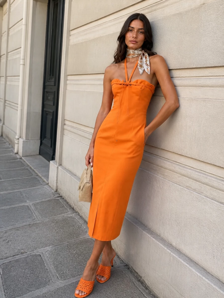 Jacquemus orange halter midi dress outfit