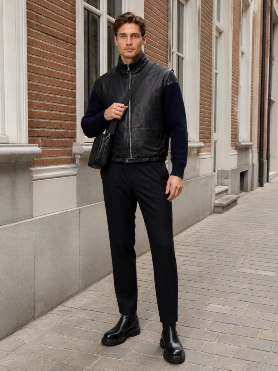 Bottega leather on leather sets a strong, urban frame, with navy ribbing and black quilting echoing each other in a tight, graphic way. High-rise pleated trousers and a substantial boot anchor the cropped vest, while the intrecciato crossbody repeats the weave at the collar for a disciplined, monochrome winter uniform. It is quiet, muscular and precise, built for city nights that start at a gallery and end at a late bar.