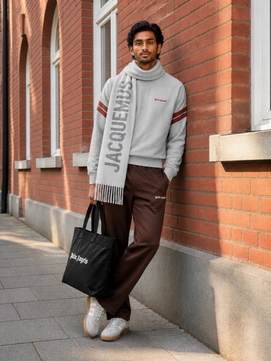 Palm angels grey sweatshirt brown track pants outfit