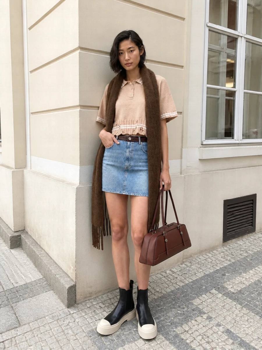 Marni denim mini cropped knit platform boots