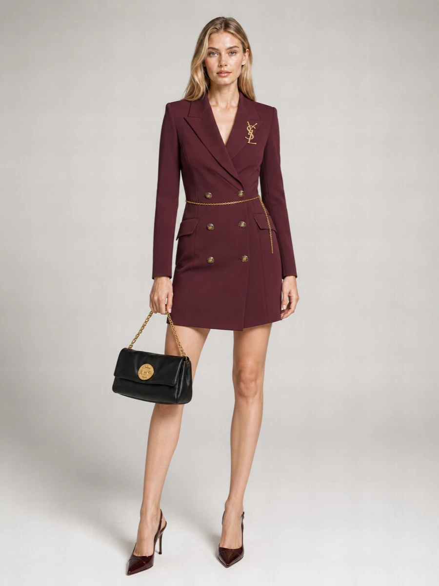 I’m anchoring everything around the idea of a modern tuxedo cocktail moment, so I chose the blazer dress route rather than shirt and trouser, which would compete more directly with the brooch’s tailoring energy. The deep burgundy, sharp shoulders and gold hardware of the dress create a rich canvas for the antique‑gold YSL brooch, while tonal patent heels and a quietly sculptural black Chloé bag keep the focus on clean lines and heritage metal details. The result is a concise, evening‑ready composition that feels powerful, minimal and very Paris after dark without a single unnecessary layer.