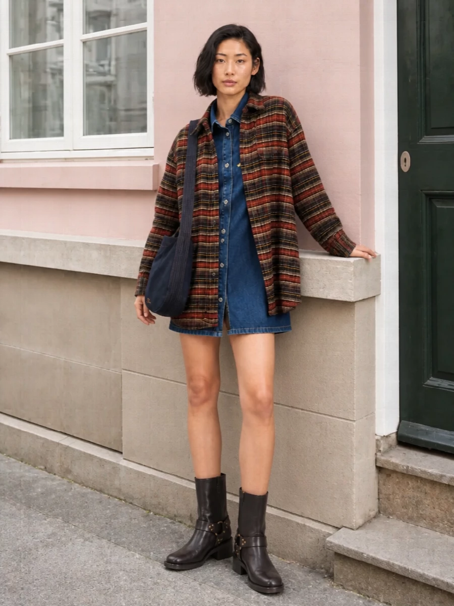 R13 plaid overshirt moschino denim dress outfit