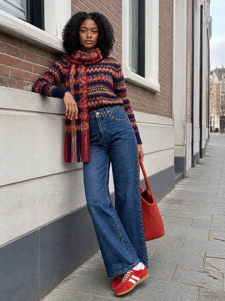Dries van noten fair isle sweater wide leg jeans