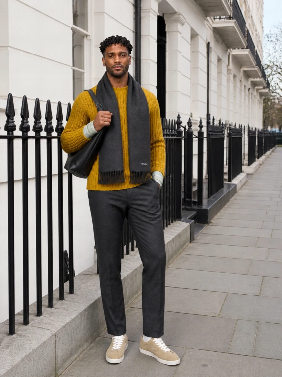 Prada mustard sweater charcoal trousers outfit